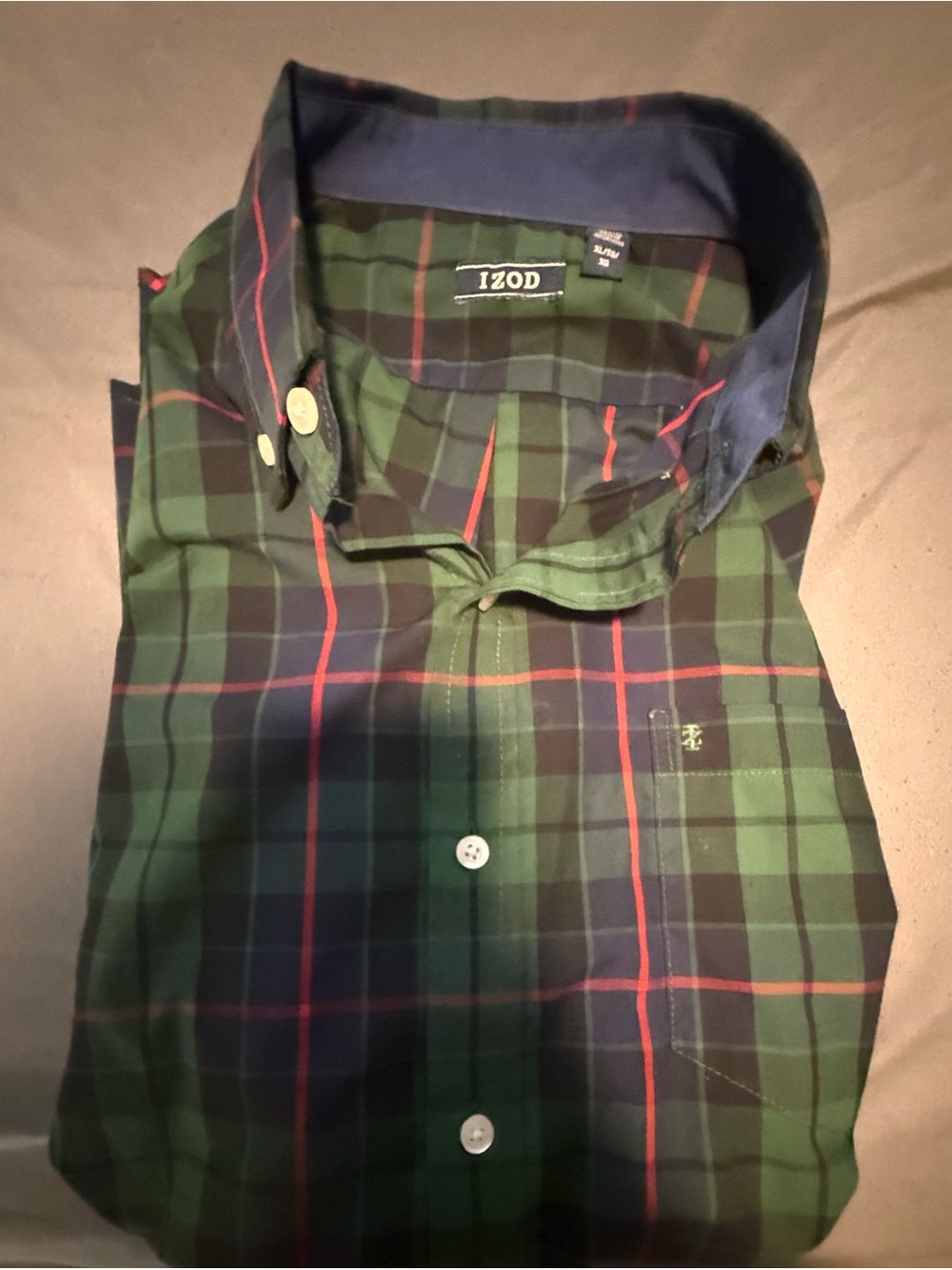 Izod Green and Navy Plaid Button-Down Shirt with Red Accents
